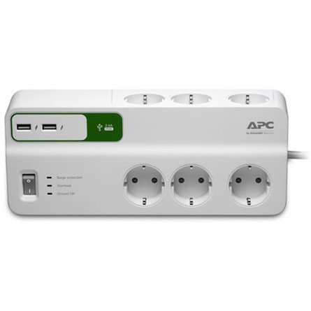 APC Essential SurgeArrest 6 outlets with 5V, 2.4A 2 port USB charger, 230V 